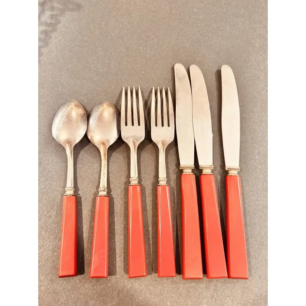 Vintage Red Bakelite Art Deco Flatware Silverware Stainless USA 7 Pcs Set